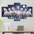 5 Panel Seven White Horse Force running on dark night on river matte canvas cotton print tightly wrapped in wooden frame | HQ | Great significance in vastu | XS | Not stickers nor forex board. 