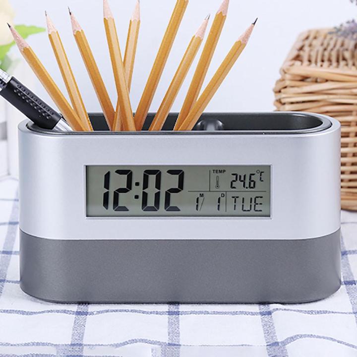 Multifunctional Home Office Digital Snooze Alarm Clock Pen Holder Lcd Clock