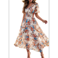 Women'S Summer Wrap Maxi Dress Floral V Neck Short Sleeve Wedding Guest Party Casual Dress. 