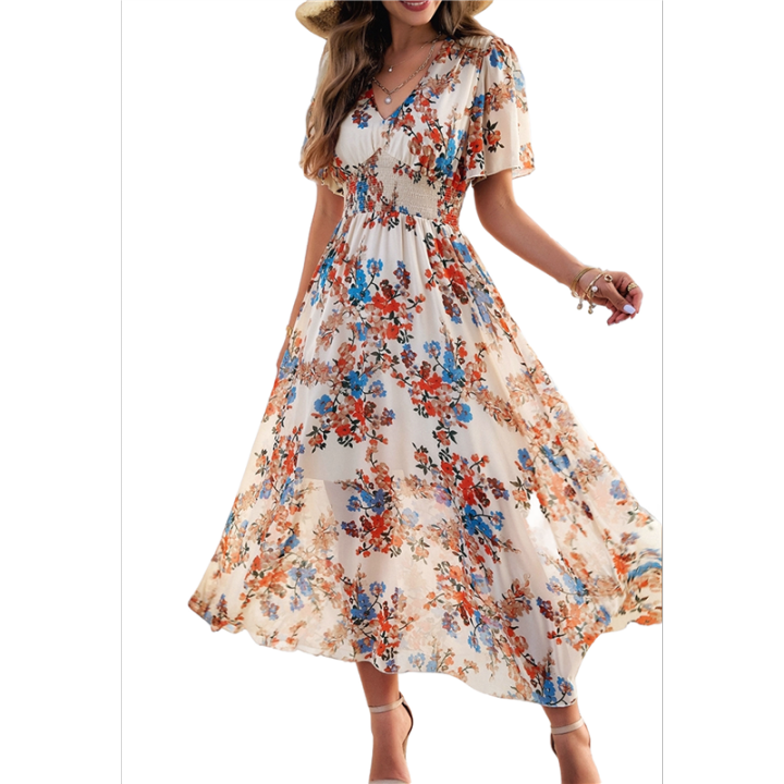 Women'S Summer Wrap Maxi Dress Floral V Neck Short Sleeve Wedding Guest Party Casual Dress