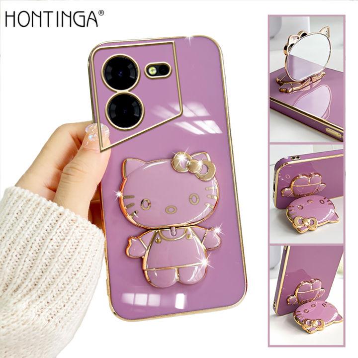 Hontinga for Tecno Pova 5 Pro 5G Back Cover With Kitty Mirror Folding Bracket Soft Silicone Phone Case
