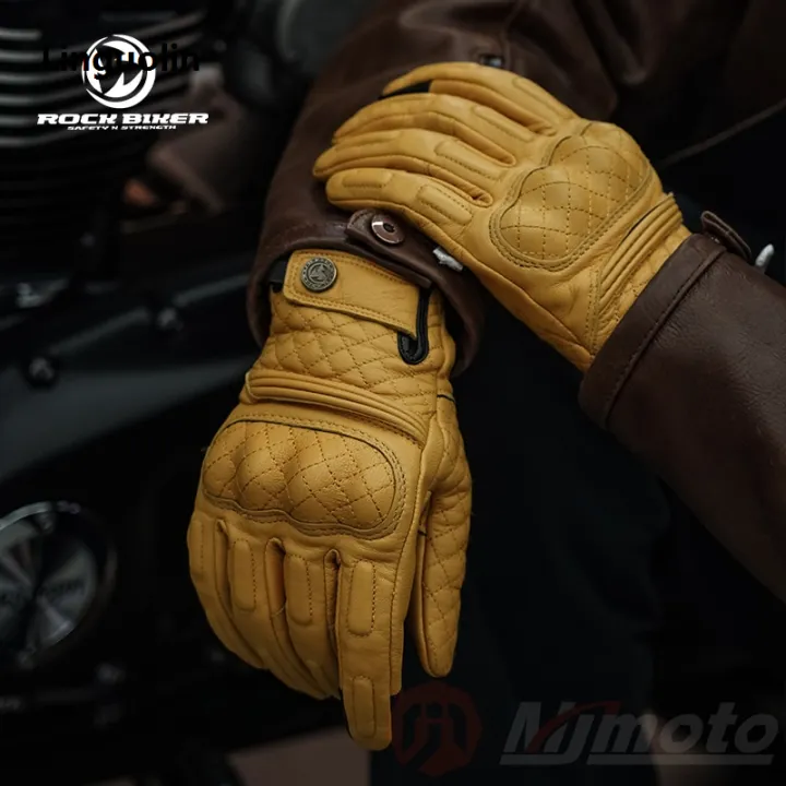 Linguolin Rock Biker Leather Motorcycle Gloves Retro Yellow Motocross ...