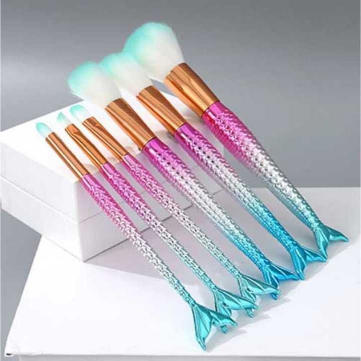 XimiVogue Mermaid Gradient Dazzling Series Makeup Brush (6 Count)(Rose Red+Blue)