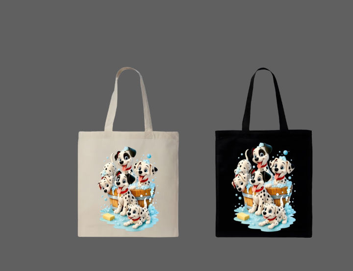 Cute Dalmatian Puppies Bathing Graphic Printed Canvas Tote Bag– Eco-Friendly Cotton Shoulder Shopping Bag-White, Black