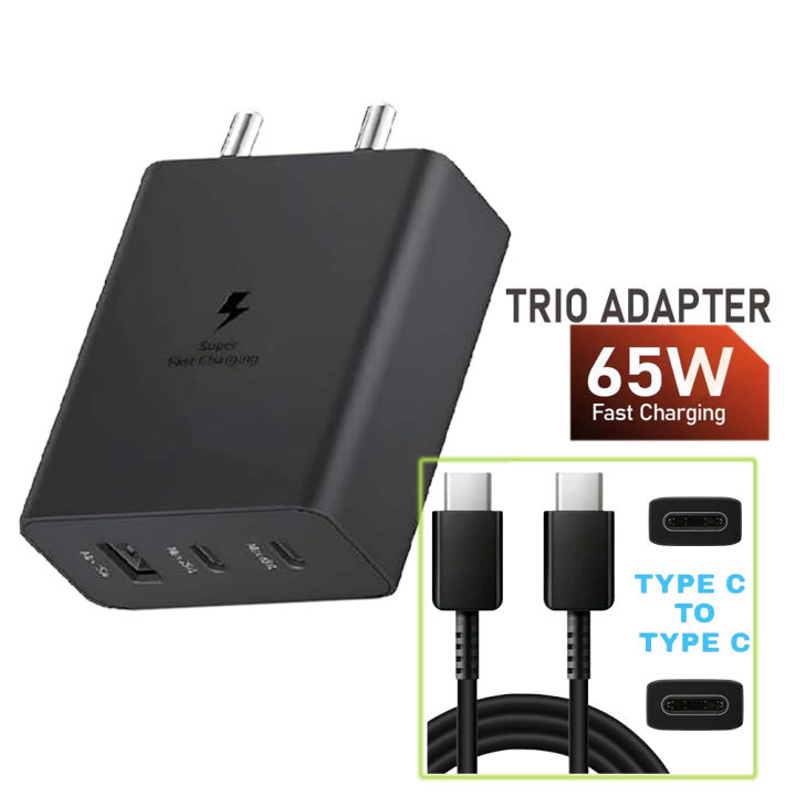 65W Power Adapter Trio Super Fast Charger With 65w, 25w, 15w With Type-C To Type-C Cable Included