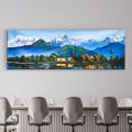 Single Panel Panoramic Machhapuchre Range Fewa Lake Painting Matte Canvas Cotton Print| Fewa Lake | Pokhara | HQ | S | 6 inch X 18 inch | Tightly Wrapped In Wooden Frame | Not stickers or No Forex Board. 