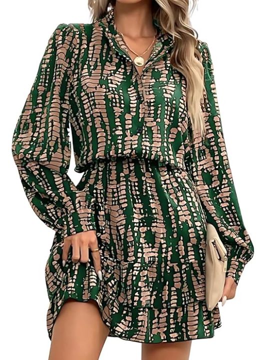 Leriya Fashion Women's Western Shirt Dress | Long Sleeve Printed Mini Dress  with Elastic Waist | Casual Button Down Short Dresses | Daraz.com.np
