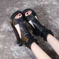 2025 New Bohemian Womens Leather Sandals - Retro Brown Chunky Wedge Peep-Toe Ankle Wrap Espadrille Summer Shoes. 