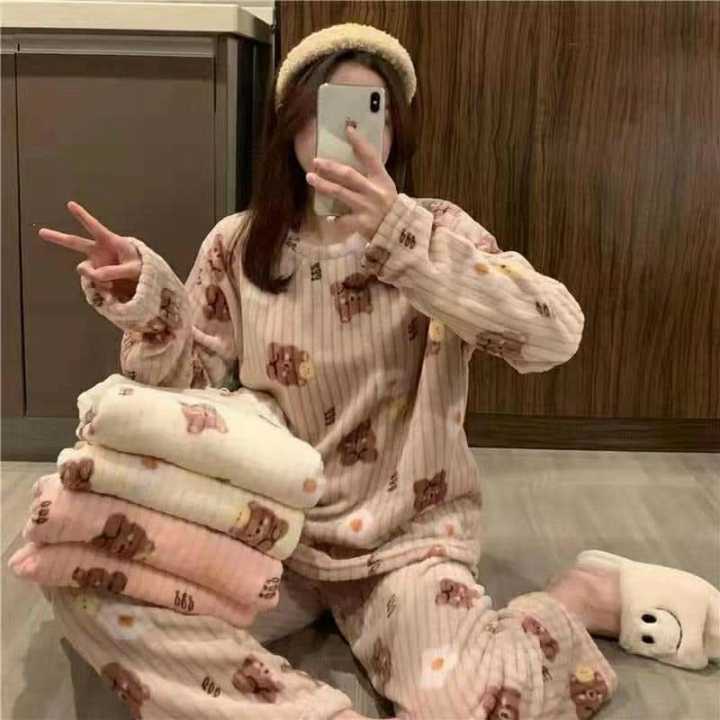 Winter Flannel Pajamas Set Velvet Warm Round Neck Women Korean