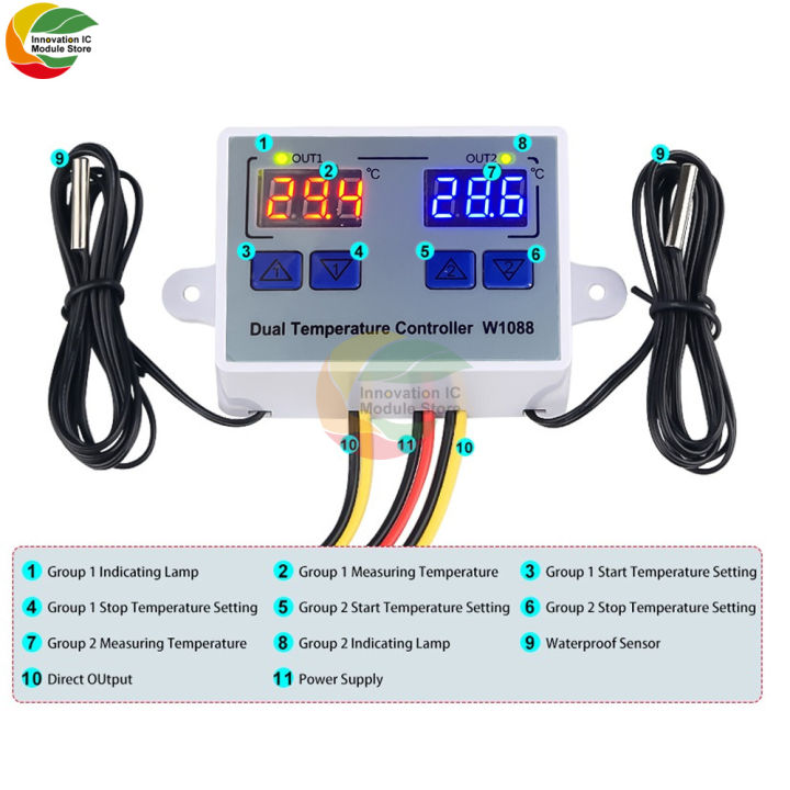 W1088 Dual LED Digital Temperature Sensor Meter Controller Electric ...