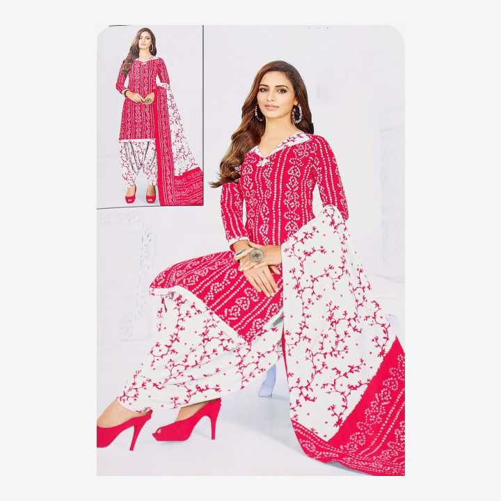 Pink And White Printed Kurta Suruwal With Shawl Set For Women (Unstitched)