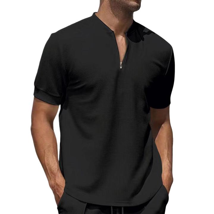 CARAT Men Short Sleeve Stand-up Collar Shirt Men's Stand Collar Short Sleeve Shirt with Zipper Breathable Fitness Tee for Sports for Casual