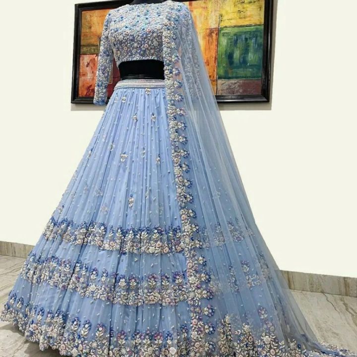 Net Lehenga With Beautiful Thread Work With Blouse And Dupatta Set