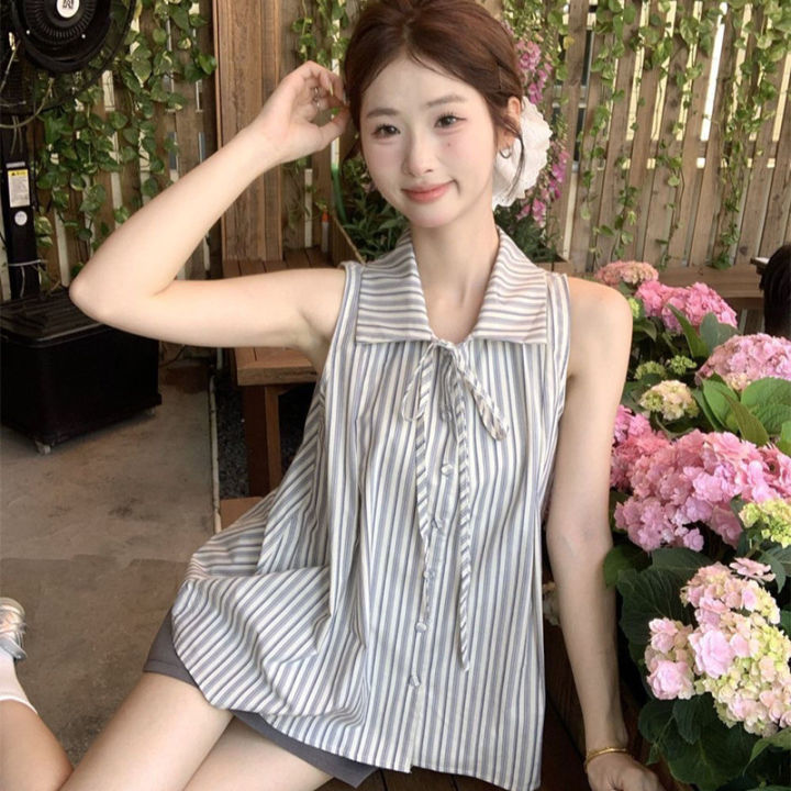 New%20Striped%20Bow%20Shirt%20For%20Women%20Summer%20Fashion%20Sleeveless%20Top%20Slimming%20Vest%20Casual%20Style%20Korean%20Version%20Shirts%20-%20Image%202