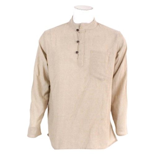 Cream Solid Buttoned Cotton Kurta Shirt For Men