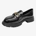 Black Color Buckle Design Shining Loafer Shoes For Women. 