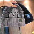 Fashion Winter Warm Knitted Cap Soft Thick Slouchy Bonnet Bear Embroidery Solid Color Leisure Cap for Men Women. 