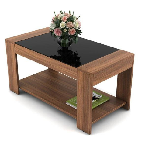 Center Table Office Tea Table With Black Glass Simple and Elegant Strong Wooden Table in Walnut Color
