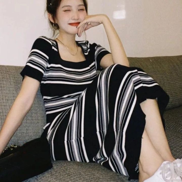 Sweet Square Neck Stripe Long Dress Slim Fit Beachwear Short Sleeve Dresses Simple Spicy Girl Stripe Knitted Dress Summer