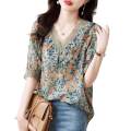 2026 Summer High Jacquard Chiffon Shirt Women's Short-sleeved Noble Temperament Lady Casual V-neck Korean Shirt. 