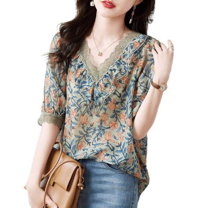 2026%20Summer%20High%20Jacquard%20Chiffon%20Shirt%20Women's%20Short-sleeved%20Noble%20Temperament%20Lady%20Casual%20V-neck%20Korean%20Shirt%20-%20Image%206