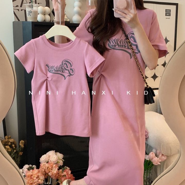 Korean%20style%20children's%20clothing%20parent-child%20Women's%20clothing%20summer%20letter%20knotted%20straight%20dress%20girls%20loose%20casual%20T-shirt%20dress%20-%20Image%202