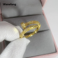 Wenefang Luxurious Wooden Nail Modeling Design Shiny Zircon Gold Silver Color Ring Women's Men Open-Loop Elegant Temperament Accessories. 
