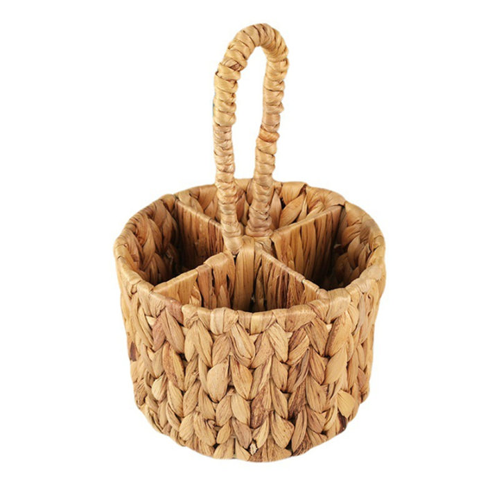 Flatware Organizer, Utensils Holder, Hand Woven Water Hyacinth Cutlery Holder for Countertop with Handle