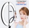 30Cm Selfie Led Ring Light With 7 Fit Tripod Stand, Cell Phone Holder Dimmable 3 Light. 