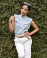 Kibu Clothing Ellie Ruffle Shirt in Blue Stripe for Women. 
