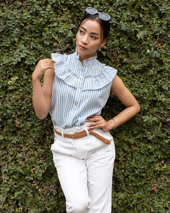 Kibu%20Clothing%20Ellie%20Ruffle%20Shirt%20in%20Blue%20Stripe%20for%20Women%20-%20Image%205