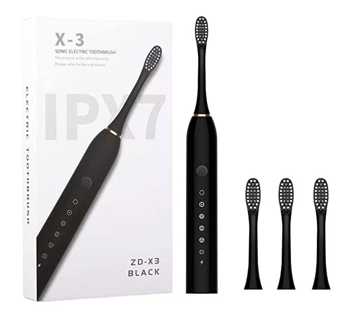 Sonic Electric Toothbrush For Adults,Rechargeable Electric Toothbrushes With 2 Brush Heads, 6 Modes, 2 Minutes Smart Timer,4 Hours Fast Charge for 45 Days, (Toothbrush + 3 Brush Heads, black)