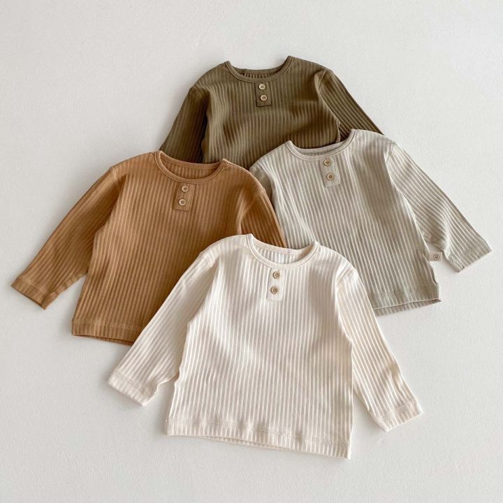 Kids baby solid color boneless pit strip long sleeve t-shirt autumn clothes new baby base shirt boys and girls round neck top