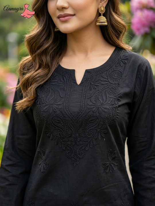 Aamayra%20Fashion%20House%20Black%20Coloured%20Chikan%20Kari%20Printed%20Short%20Kurti%20For%20Women%20-%20Image%203