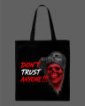 "Don't Trust Anyone" Skull Graphic Printed Tote Bag– Eco-Friendly Cotton Shoulder Shopping Bag-White, Black. 