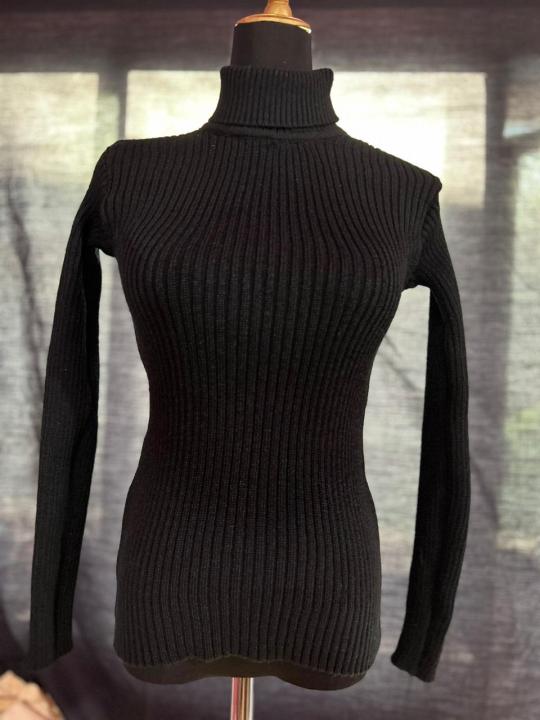 Women's Solid Black and White High Neck Full Sleeve Top