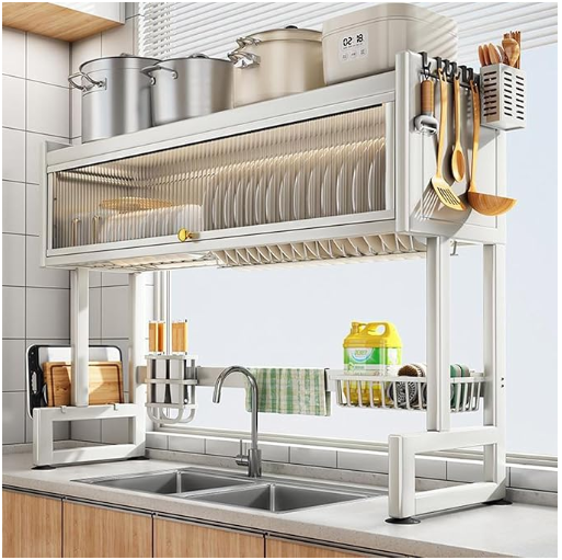 White 3 Tier Over Sink Dish Rack Drainer with Cover - Space-Saving ...