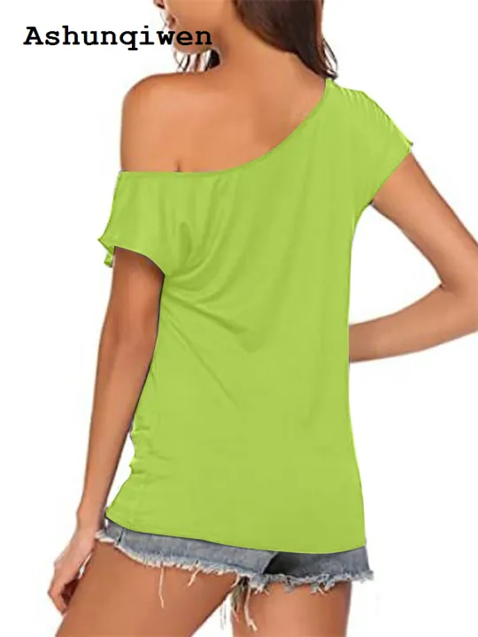 Ashunqiwen%20Affordable%20New%20specials%20Women's%20One%20Shoulder%20Off%20Tee%20Tops,%20Short%20Sleeve%20T%20Shirts,%20Basic%20Loose%20Shirt,%20Solid%20Casual%20Clothes,%20Summer%20Fashion%20-%20Image%205
