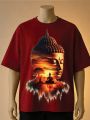 Golden Sunset & Meditating Buddha | Graphic Printed T-Shirt- Cream, Maroon, White. 