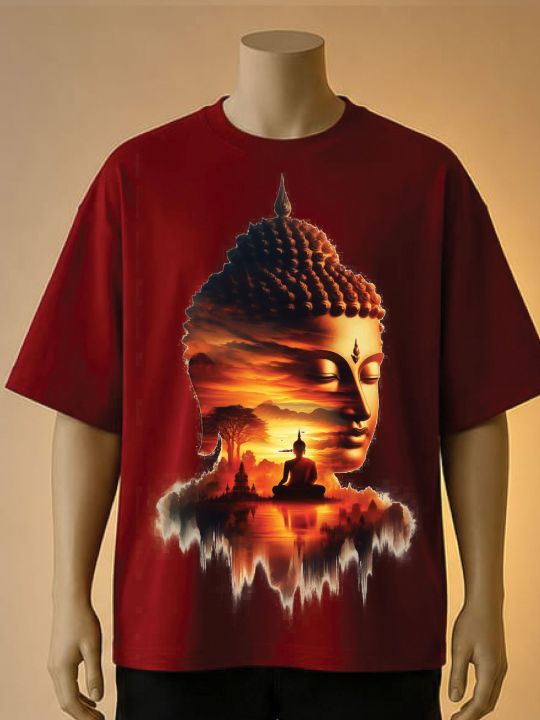 Golden%20Sunset%20&%20Meditating%20Buddha%20%7C%20Graphic%20Printed%20T-Shirt-%20Cream,%20Maroon,%20White%20-%20Image%202