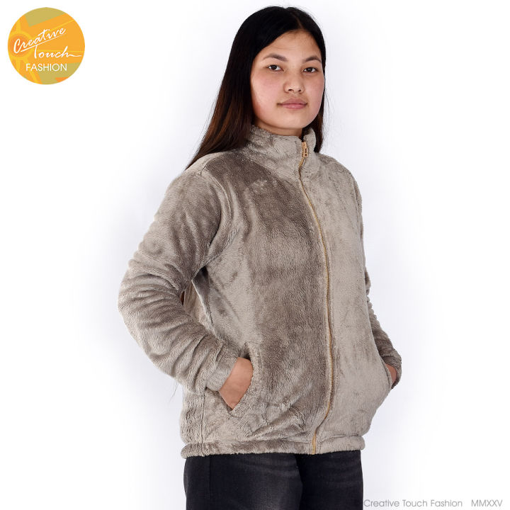 Creative Touch Fashion Grey Fur Fleece Jacket For Women WJK4491