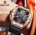 Gelatu 6012 Fashion Men Watches Top Brand Luxury Mechanical Sports Tonneau Design Montre Homme Silicone Automatic Skeleton Watch. 