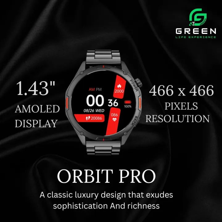 Green%20Orbit%20Pro%20Luxury%20Smart%20Watch%20%7C%201.43"%20AMOLED%20Display%20%7C%20Metallic%20Body%20With%20Stainless%20Steel%20&%20Leather%20Strap%20%7C%203D%20Watch%20Faces%20%20%7C%20BT%20Calling%20%7C%20IP68%20Water%20Resistance%20%7C%20178%20Sports%20Modes%20%7C%20BT%20V5.2%20%7C%20270mAh%20Battery%20%7C%2020%20Days%20Standby%20%7C%20AOD%20%7C%201%20Year%20Warranty%20-%20Image%208