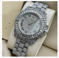 Iced Men's Watch Fashionable Diamond Surrounded Roman Numeral Index Date Display Stainless Steel - Silver. 
