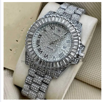 Iced%20Men's%20Watch%20Fashionable%20Diamond%20Surrounded%20Roman%20Numeral%20Index%20Date%20Display%20Stainless%20Steel%20-%20Silver%20-%20Image%202