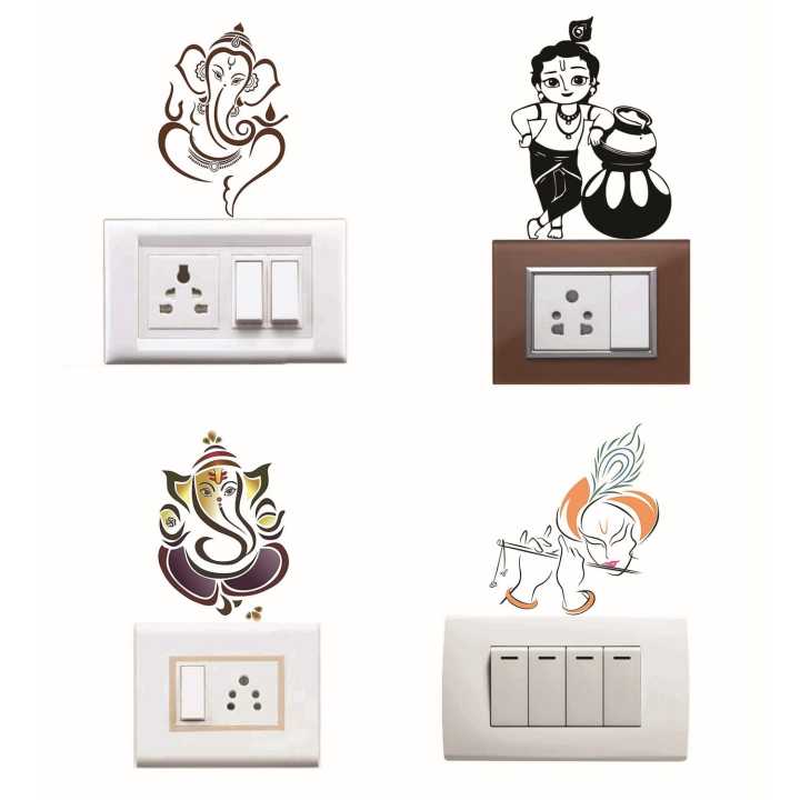 Artsy Home Lord Ganesh Krishna Bundle Of 4 Colored Wall Sticker Light Switch Art Home Decor - Decorative Stickers |