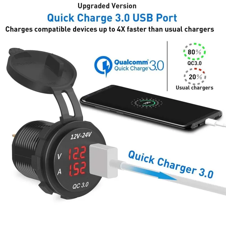 NAMUNY%202Pcs%2012V%20/%2024V%20Fast%20Charging%203.0%20Car%20Lighter%20Socket%20Usb%20Charger%20Led%20Voltmeter%20Ammeter%20Black%20&%20Red%20&%20Black%20&%20Blue%20-%20Image%203