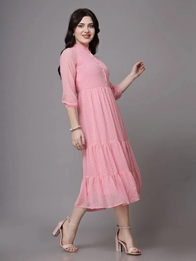 one piece for Women girls Fit Flare Light Pink Mandarin Collar western wear  dress for all occasion Casual party wear Fabric Georgette | Daraz.com.np