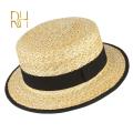 HOT Summer Female Natural Stiff Wheat Straw Boater Fedora Top Flat Hat Women Beach Flat Brim Cap With Red Navy Stripe Ribbon RH. 