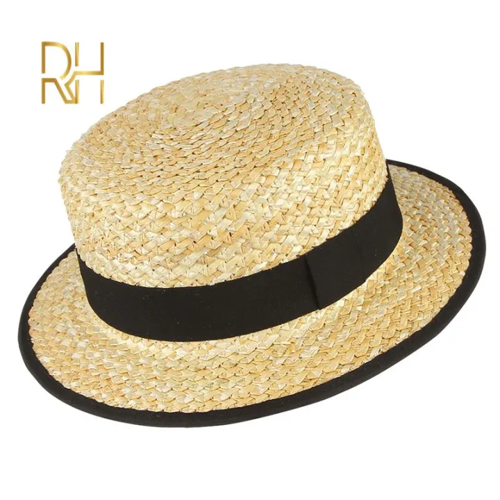 HOT%20Summer%20Female%20Natural%20Stiff%20Wheat%20Straw%20Boater%20Fedora%20Top%20Flat%20Hat%20Women%20Beach%20Flat%20Brim%20Cap%20With%20Red%20Navy%20Stripe%20Ribbon%20RH%20-%20Image%206